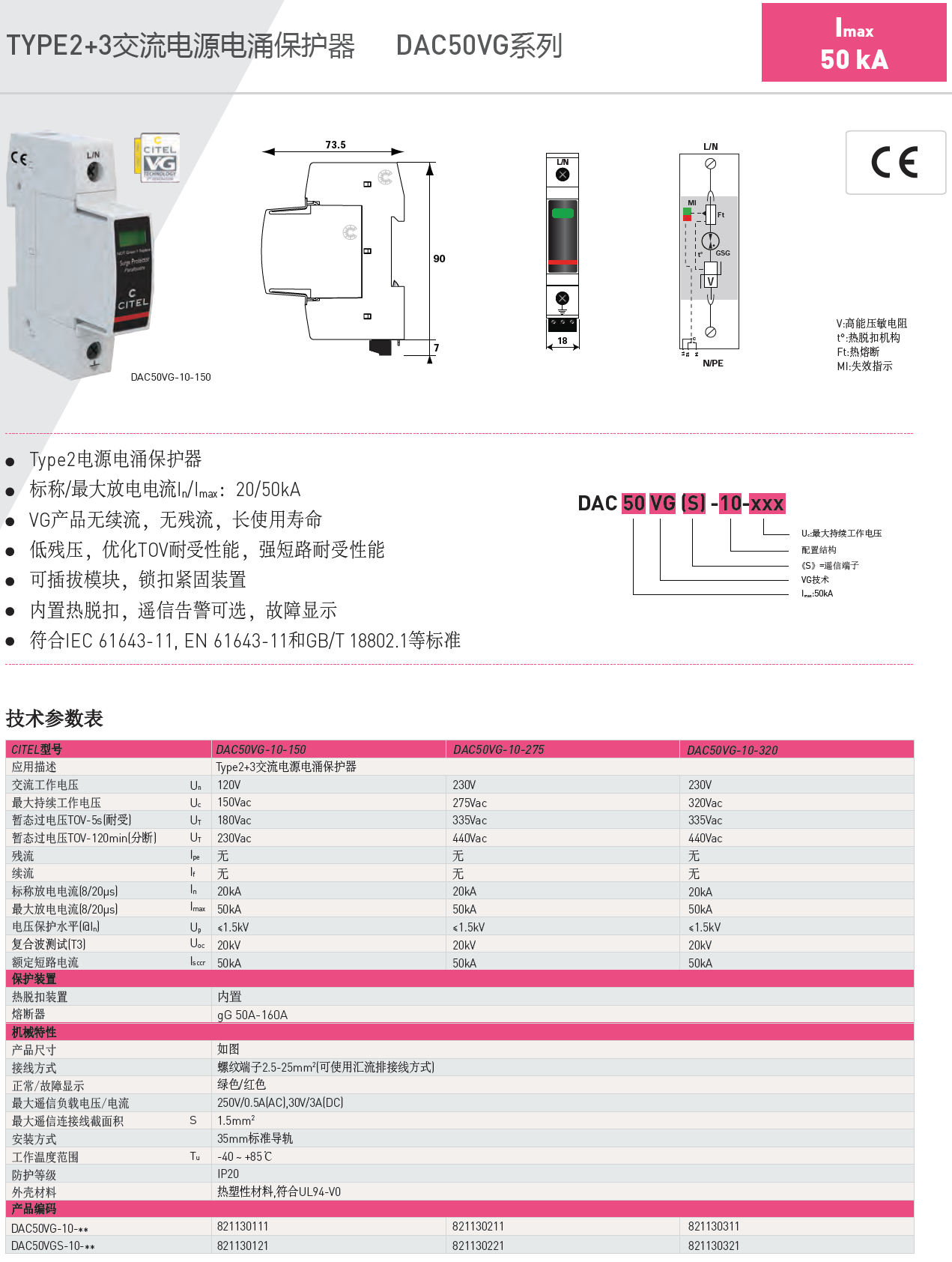DAC50VGS-31-320 CITEL西岱爾電源電涌保護(hù)器：工