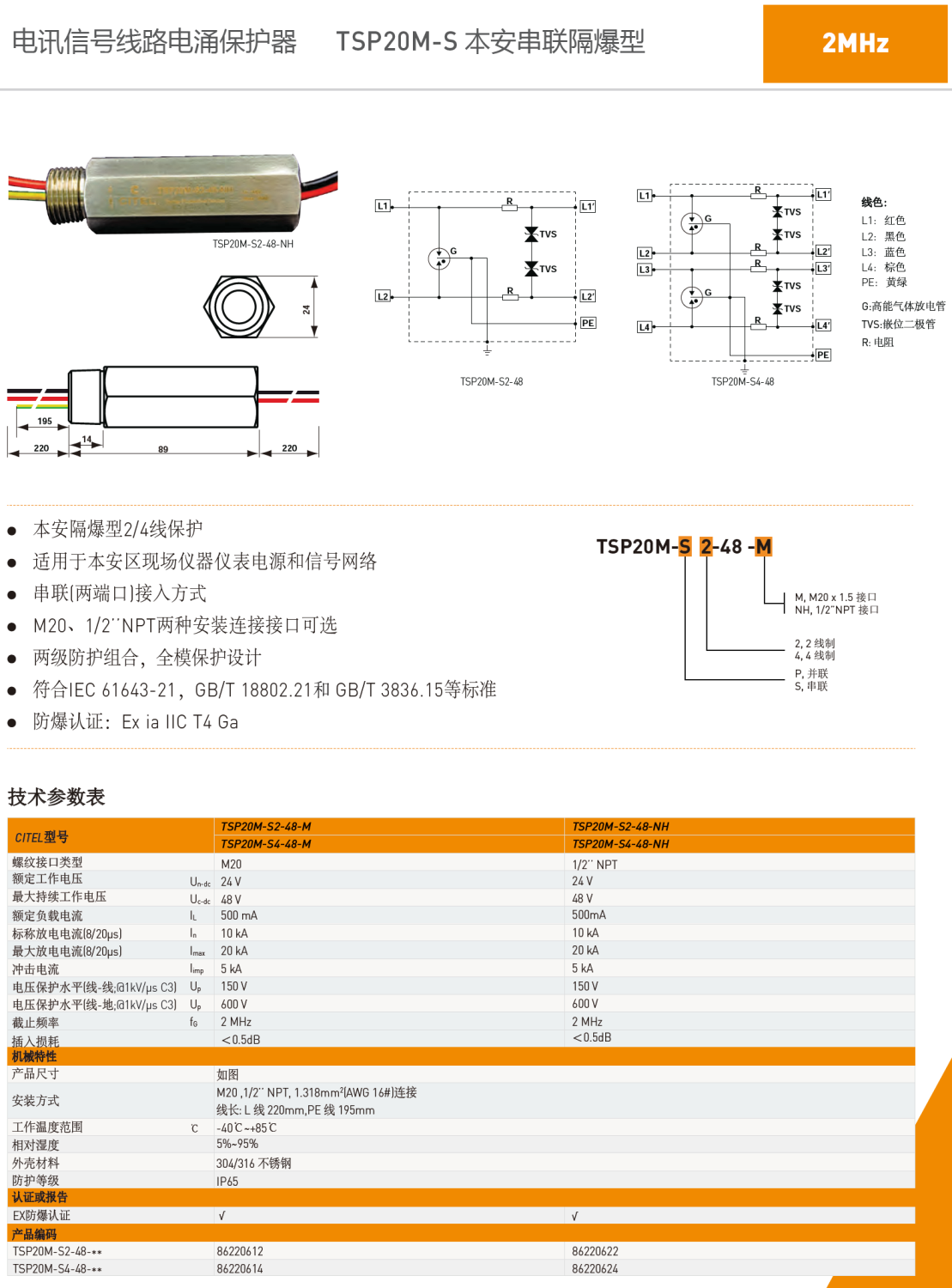 TSP20M-S2-48-NH CITEL西岱爾信號(hào)電涌保護(hù)器：工