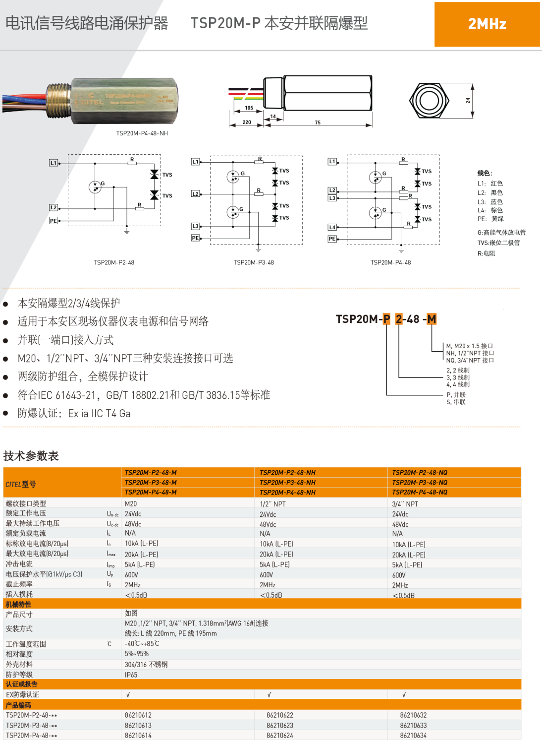 TSP20M-P2-48-M CITEL西岱爾信號(hào)電涌保護(hù)器：工業(yè)