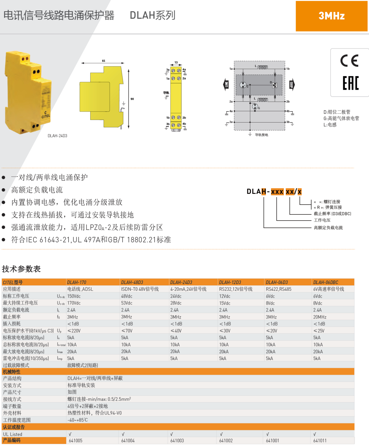 DLAH-170 CITEL西岱爾電訊信號(hào)線路電涌保護(hù)器：工