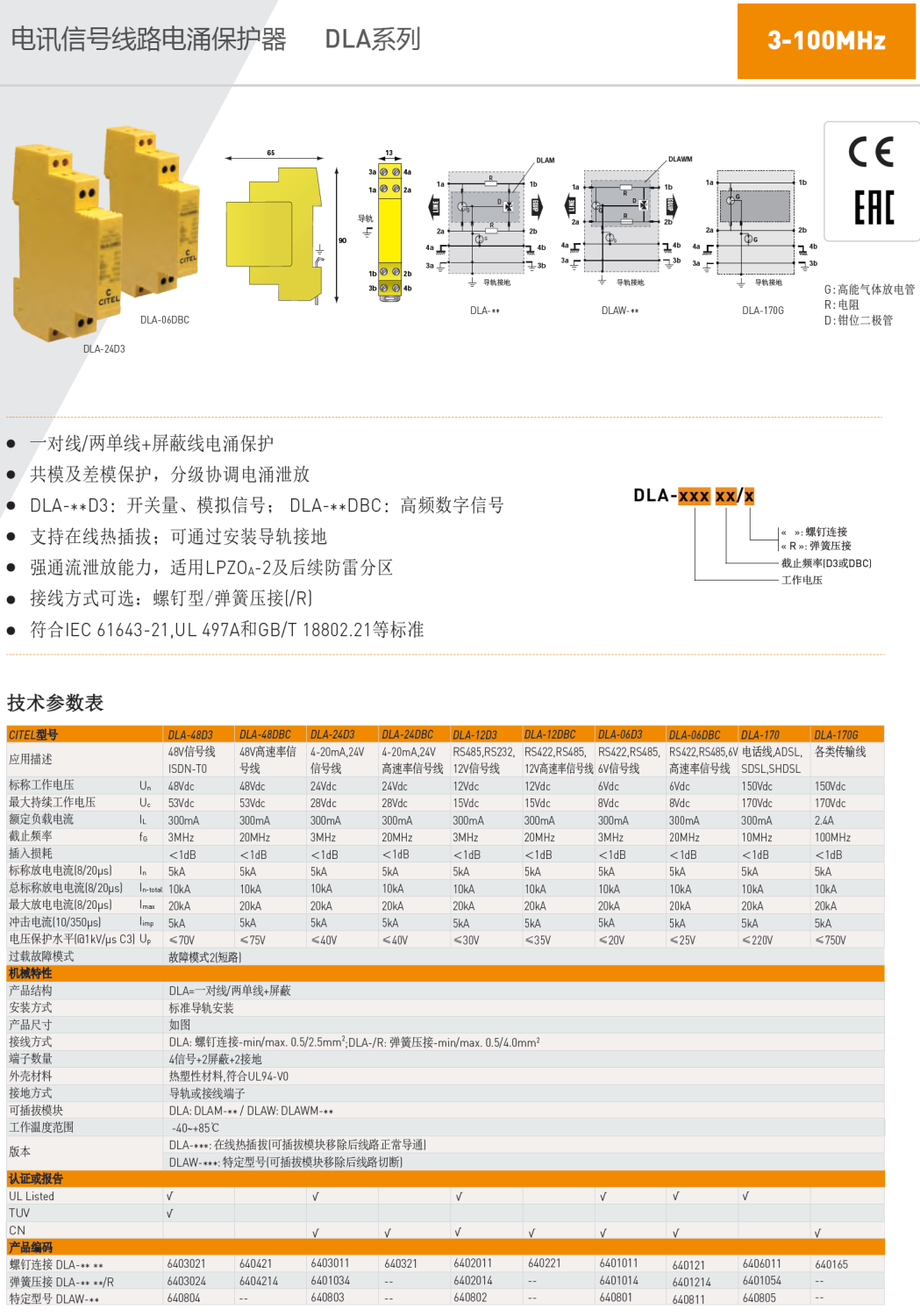 DLA-24D3 CITEL西岱爾電訊信號(hào)線路電涌保護(hù)器：工