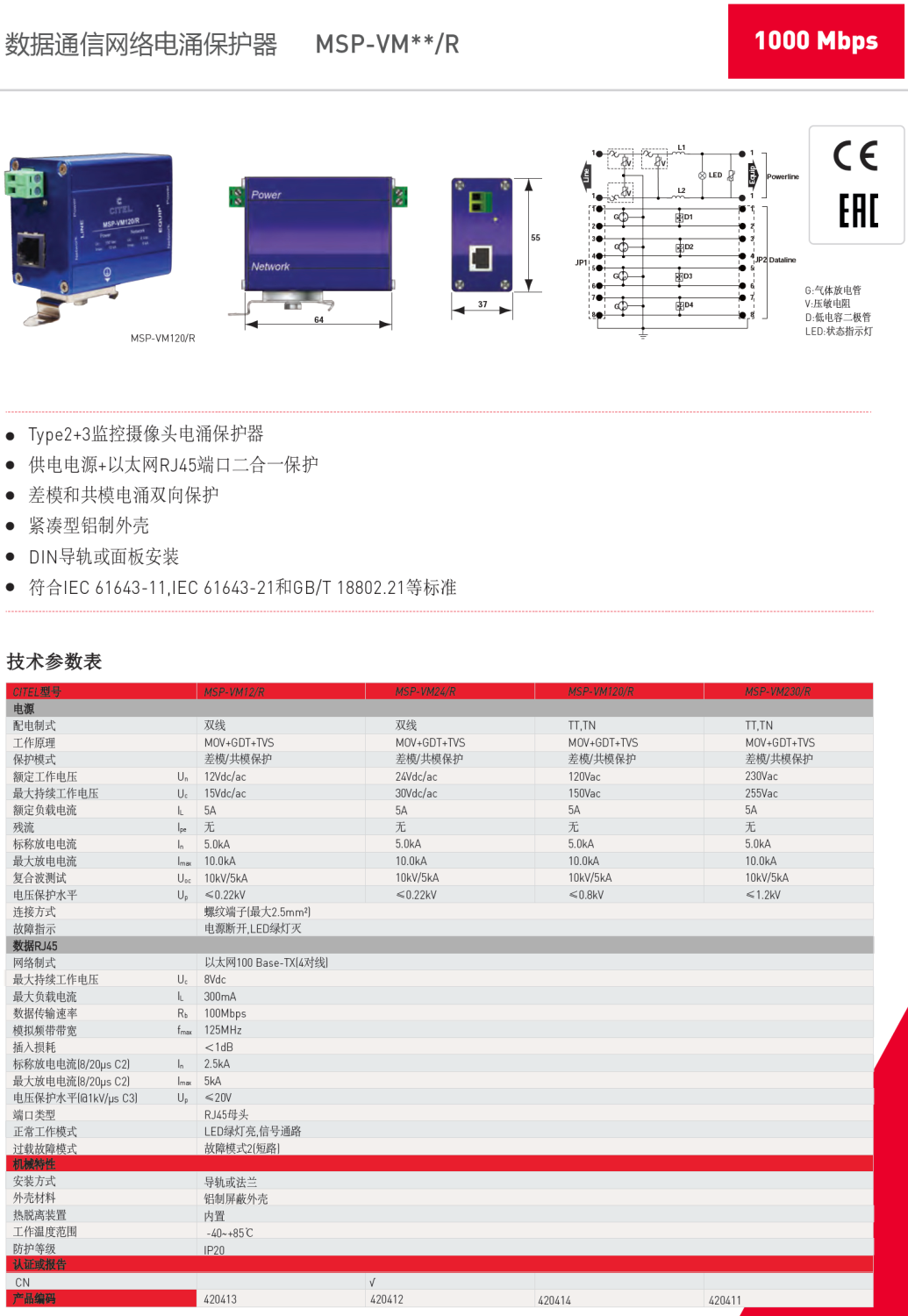 MSP-VM24/R CITEL西岱爾監(jiān)控網(wǎng)絡(luò)二合一防雷器：高