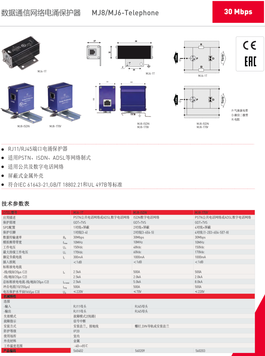 MJ8-ISDN CITEL西岱爾數(shù)字電話網(wǎng)絡(luò)電涌保護(hù)器：高