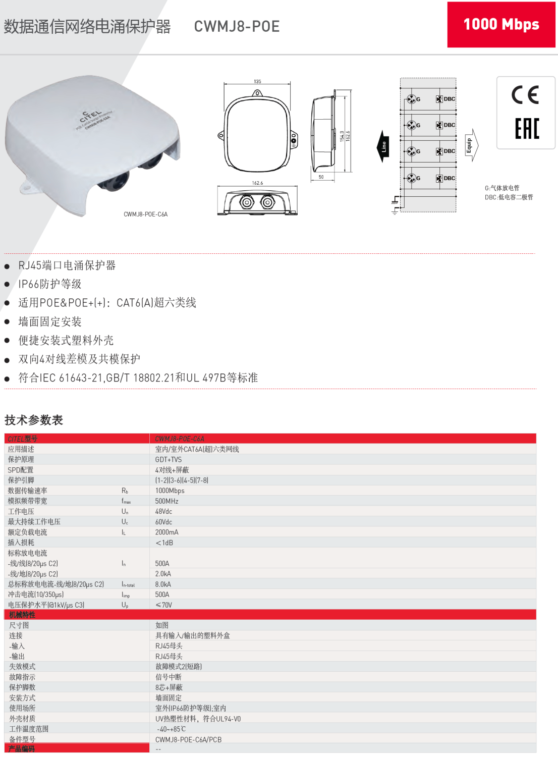 CWMJ8-POE-C6A CITEL西岱爾網(wǎng)絡(luò)電涌保護(hù)器：為POE