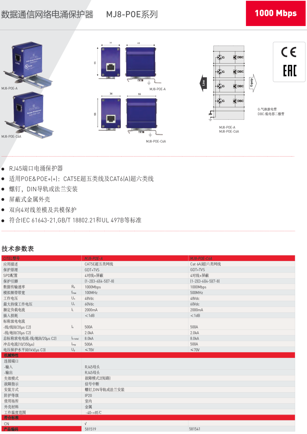 MJ8-POE-C6A CITEL西岱爾網(wǎng)絡(luò)電涌保護(hù)器：守護(hù)POE