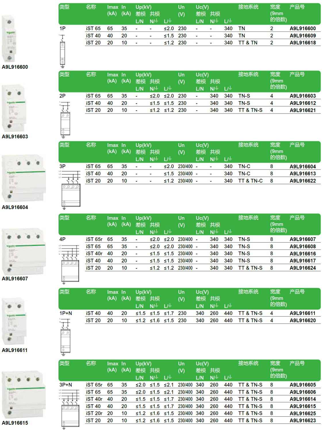  iST 65 1P（A9L916600），iST 65 2P（A9L916603），iST 65 3P（A9L916604），iST 65R 4P（A9L916607），iST 65 4P（A9L916608），iST 65R 3P+N（A9L916605），iST 65 3P+N（A9L916606）
