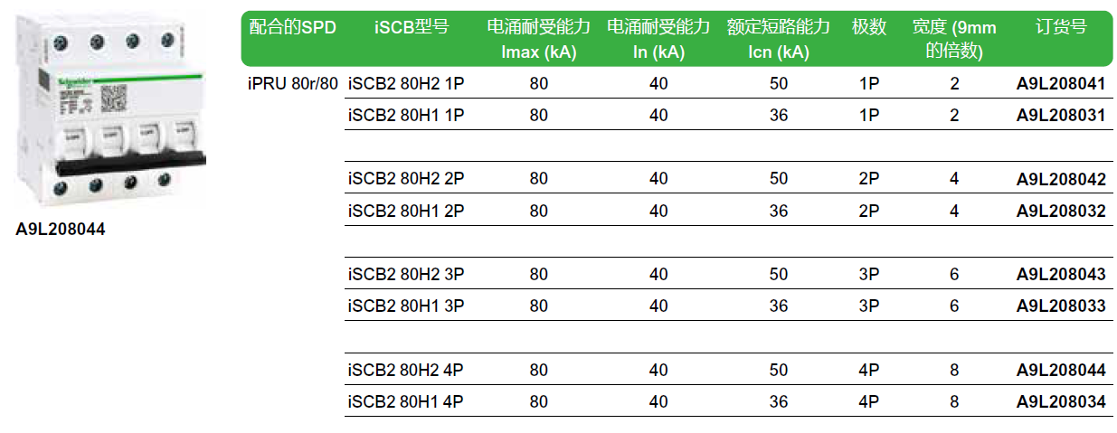 iSCB2 80H2 1P（A9L208041），iSCB2 80H1 1P（A9L208031），iSCB2 80H2 2P（A9L208042），iSCB2 80H1 2P（A9L208032），iSCB2 80H2 3P（A9L208043），iSCB2 80H1 3P（A9L208033），iSCB2 80H2 4P（A9L208044），iSCB2 80H1 4P（A9L208034）