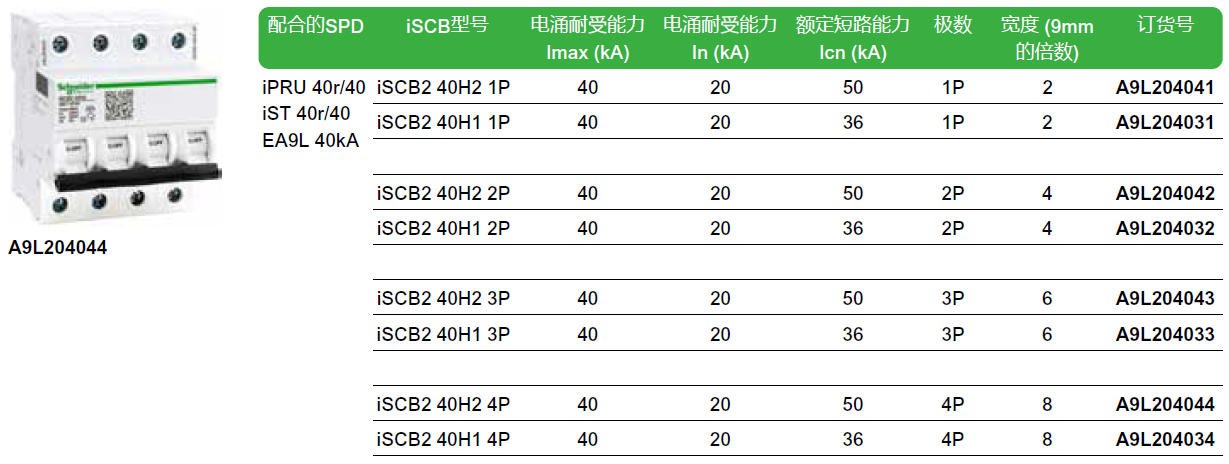 iSCB2 40H2 1P（A9L204041），iSCB2 40H1 1P（A9L204031），iSCB2 40H2 2P（A9L204042），iSCB2 40H1 2P（A9L204032），iSCB2 40H2 3P（A9L204043），iSCB2 40H1 3P（A9L204033），iSCB2 40H2 4P（A9L204044），iSCB2 40H1 4P（A9L204034）
