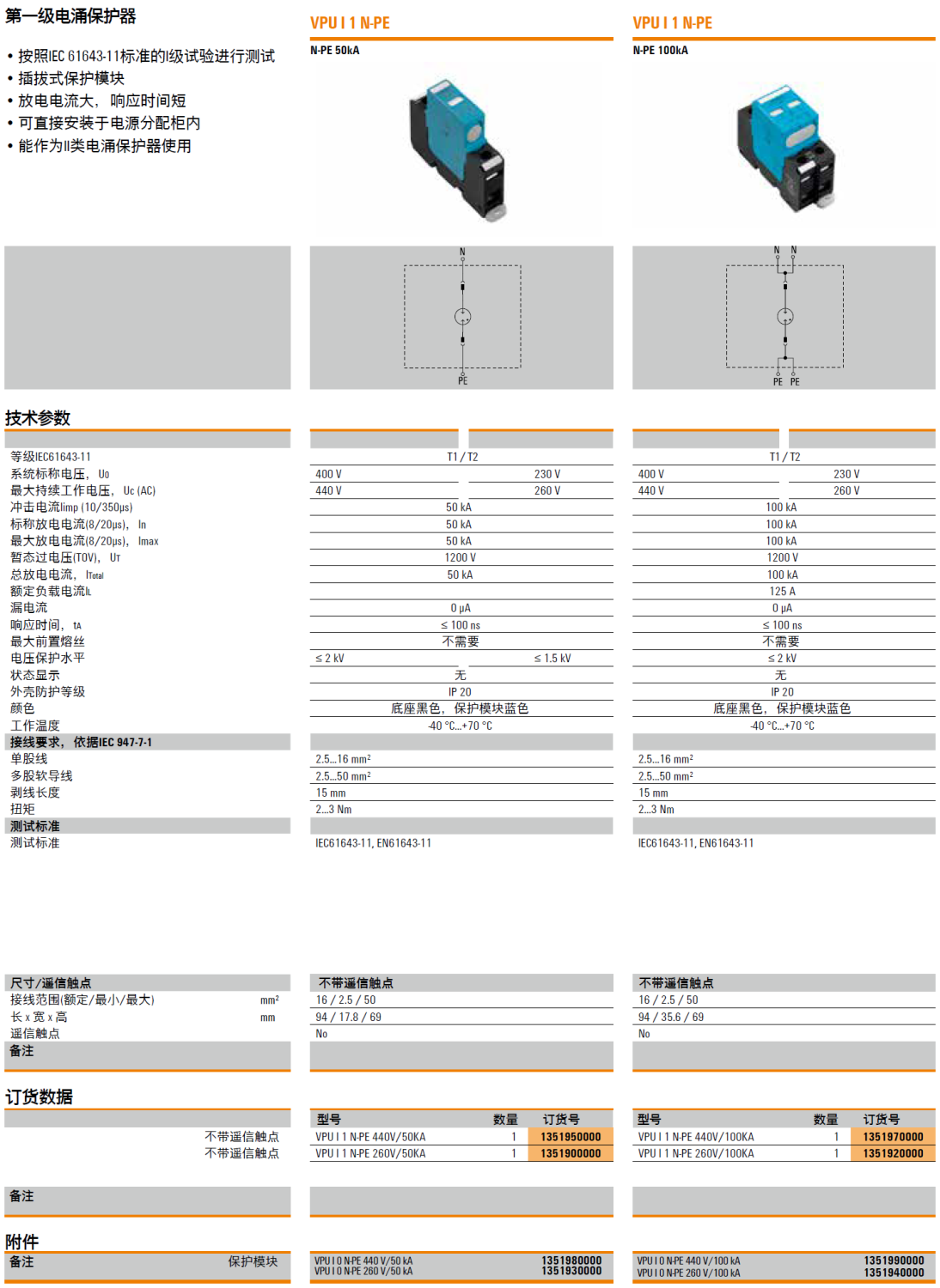 VPU I 1 N-PE 440V/100KA 魏德米勒電涌保護(hù)器：工