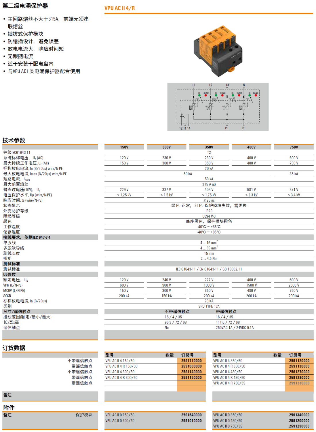 VPU AC II 4 R 480/50 魏德米勒電涌保護器：數(shù)據(jù)