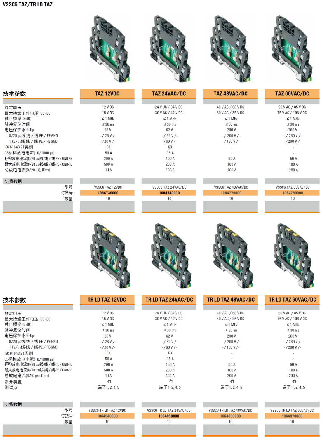 VSSC6 TAZ 12VDC(1064730000)，VSSC6 TAZ 24VAC/DC(1064740000)，VSSC6 TAZ 48VAC/DC(1064770000)，VSSC6 TR LD TAZ 12VDC(1064940000)，VSSC6 TR LD TAZ 24VAC/DC(1064950000)，VSSC6 TR LD TAZ 48VAC/DC(1064960000)