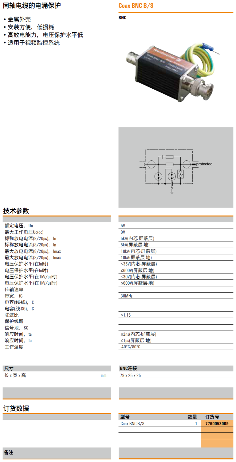 Coax BNC B/S 魏德米勒同軸視頻線電涌保護器：為